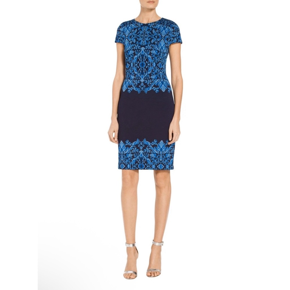 St. John Brocade Graphic Short Sleeve Dress Cobalt Multi